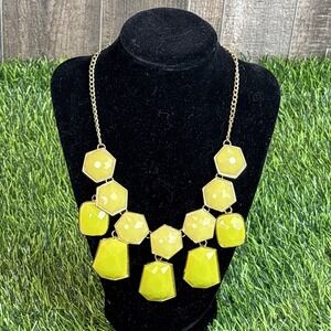 Maximalist Yellow Statement Necklace Gold Tone Geometric Glass Look Vintage